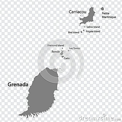 Blank map Grenada in gray. Every Island map is with titles. High quality map of Grenada on transparent background Vector Illustration